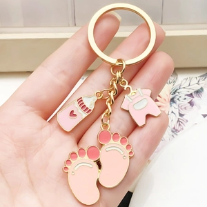 Cartoon Cute Baby Theme Keychain Pink Blue Enamel Baby Bottle Clothes Footprint Pendant Gold Zinc Alloy Keyring For Baby Shower Party Favor Gift Bag Accessories