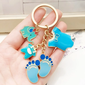 Cute Baby Theme Zinc Alloy Keychain Enamel Elephant Baby Clothes Footprints Charms Gold Key Ring For Newborn Celebration Gift