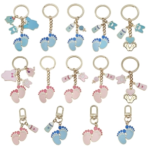 Cute Baby Footprint Bottle Clothes Keychain Zinc Alloy Enamel Bag Charm For Newborn Party Baby Shower Gift Metal Keyring