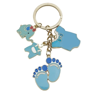 Blue baby elephant and infant clothing alloy keychain set in gold finish