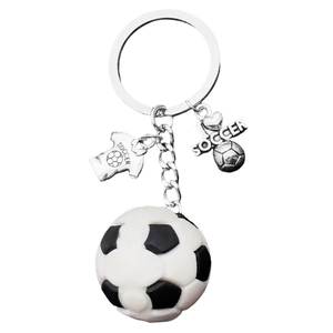 3D soccer ball keychain with silver soccer jersey and I love soccer charms on ring