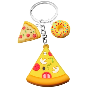 Cute PVC soft rubber pizza and donut keychain set for backpacks and keys