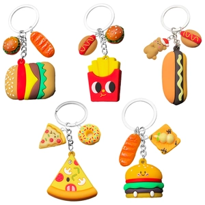 Cute fast food keychains set featuring 3D PVC burger, pizza, fries and donut shapes