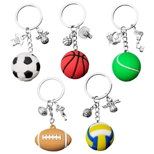 Creative 3D soft PVC sports keychains featuring soccer, basketball, and tennis ball charms