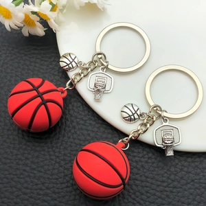 Creative red basketball keychain set with silicone mini ball and silver hoop pendant charm