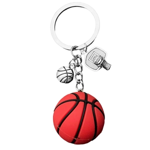 Creative realistic orange basketball keychain with mini metal hoop charm and silver ring