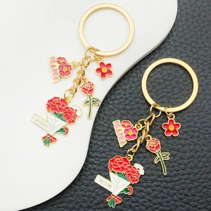Golden MAMA carnation flower keychain with red rose enamel charms for Mother's Day gift