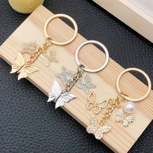 Hollow Butterfly Metal Keychain Zinc Alloy Gold Silver Rhinestone Faux Artificial Pearl Pendant Key Ring For Backpack Bag Accessories Women Gift