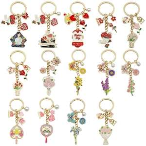 Assorted colorful enamel Mother's Day flower bouquet keychains with gold finish