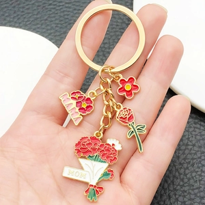 Enamel Carnation Rose Flower Keychain For Mother's Day Gift Gold Zinc Alloy Mama Mom Letter Pendant Keyring Women Jewelry