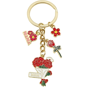 Golden MAMA flower keychain with red rose and carnation pendant for Mother's Day gift