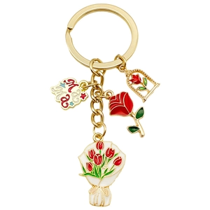 Golden keychain with red rose, tulip flower bouquet and Mom pendant charm gift for women