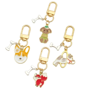 Cartoon dog enamel keychains set with golden lobster clasps and bone pendants