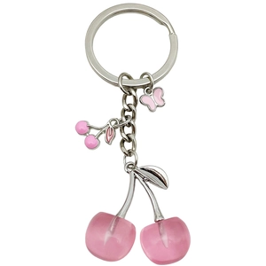 Rosa durchscheinender Kirsch-Schlüsselanhänger mit silberner Kette und Schmetterling