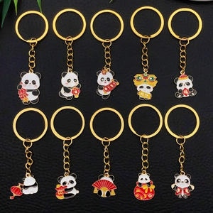 Set of 10 Chinese style enamel panda keychains with traditional festive ornaments