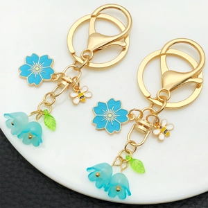 Cherry Blossom Lily Of The Valley Bee Keychain Gold Zinc Alloy Enamel Flower Bag Charm Pendant Gift For Women Girls Jewelry