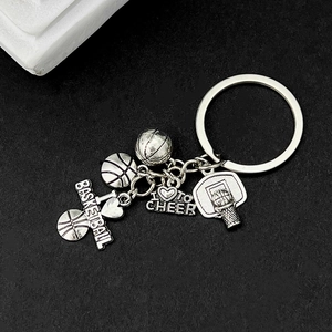 Vintage silver basketball keychain set with ball hoops and I Love To Cheer charms