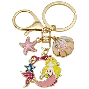 Porte-clés sirène rose et étoile de mer avec coquillage et perles pour sacs à main