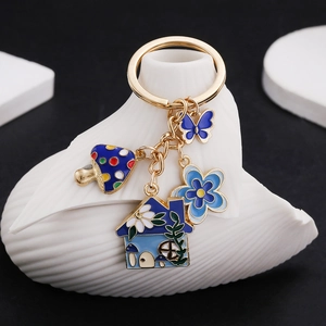 Cute Enamel Mushroom House Butterfly Flower Keychain Creative Zinc Alloy Cartoon Bag Pendant For Women Girls Gift