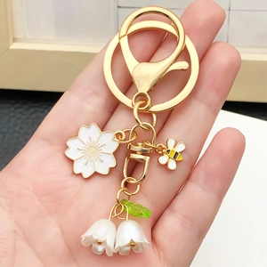 Porte-clés doré avec fleurs de cerisier abeille et muguet tenu à la main par un usager