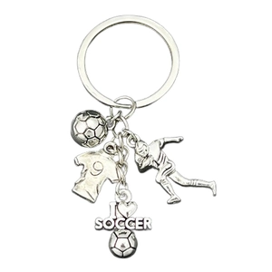 Silver metal football keychain with jersey soccer ball player and I Love Soccer pendants