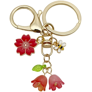 Goldener Schlüsselanhänger mit Kirschblüten, Biene und Maiglöckchen Blumenanhängern