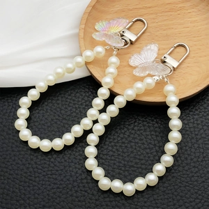 Iridescent Acrylic Butterfly Artificial Pearl Phone Charm For Women Anti-Lost Wrist Strap Handbag Keychain Accessory Fashion Jewelry