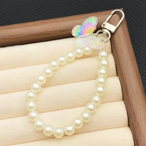 Iridescent butterfly and pearl phone charm keychain with silver metal spring clasp