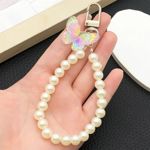 Iridescent butterfly acrylic pearl phone strap with silver lobster clasp keychain