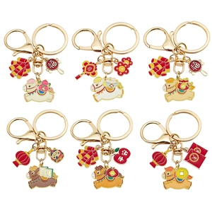 Set of six Chinese New Year horse keychains with festive lucky charms in red and gold
