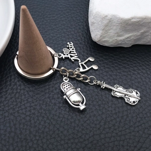 Antique silver music keychain with violin, microphone, note and I Love Music charms