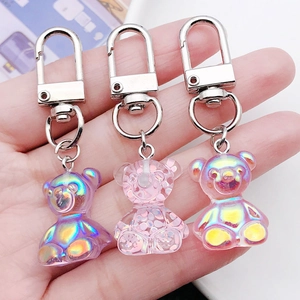 Set of cute colorful aurora resin bear keychains with metal D-ring clips for women