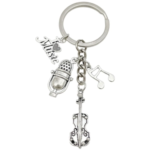 Antique silver music keychain with heart, microphone, musical note and cello pendants