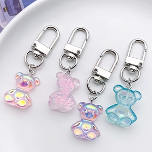 Set of 4 cute cartoon resin bear keychains in iridescent pink purple blue and glitter styles