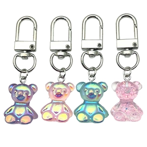 Set of four cute colorful resin bear keychains with iridescent laser finish and metal hooks