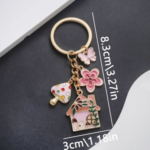 Cartoon Pink Mushroom House Keychain Zinc Alloy Enamel Butterfly Floral Pendant Creative Bag Charm Cute Fairy Tale Jewelry Gift