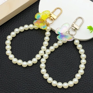 Colorful acrylic butterfly pearl lanyard for mobile phones and bags with metal lobster clasp