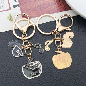 Cartoon black cat oil drip zinc alloy keychain with gold metal ring on black leather