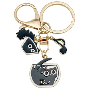 Cute black cat enamel keychain with golden lobster clasp and musical note charms