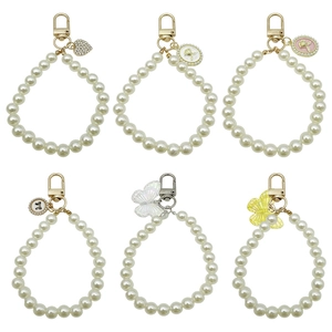 Faux Artificial Pearl Keychain With Butterfly Rose Heart Charm Elegant Bag Charm For Women Mobile Phone Case Lanyard Fashion Jewelry Gift