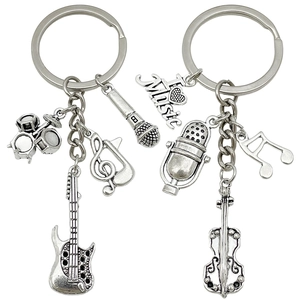 Antique silver music keychain set with guitar, drum and I Love Music heart charms