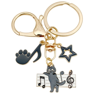 Niedlicher schwarzer Katzen Musiknoten Emaille Schlüsselanhänger mit Goldkarabiner