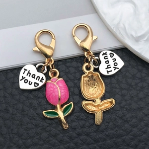 Pink tulip flower heart pendant in gold metal with lobster clasp and thank you charm