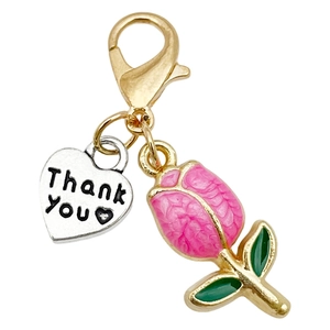 Pink tulip and engraved Thank You heart pendant with golden lobster clasp for keychains