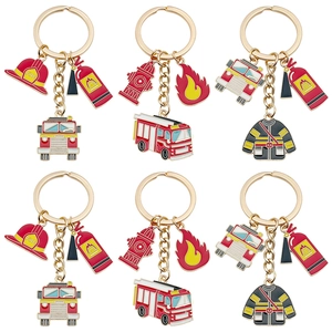 Creative Firefighter Fire Truck Extinguisher Fire Hydrant Metal Keychain Set Alloy Enamel Firefighting Theme Gift For Men Kids