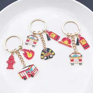 Creative firefighter keychain set with enamel fire truck and fire extinguisher charms