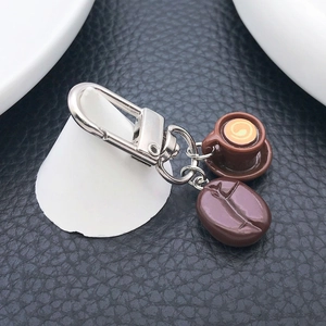 Creative resin coffee bean and latte cup keychain charm with silver lobster clasp on leather