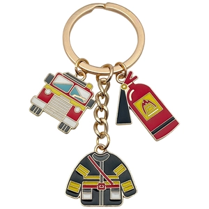 Firefighter keychain with red fire truck, extinguisher, and uniform metal pendants