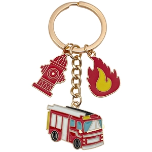 Portachiavi pompiere con ciondoli idrante, fiamma e camion rosso in oro lucido