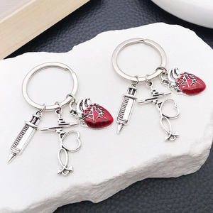 Medical Theme Antique Silver Zinc Alloy Keychain For Doctors Nurses Heart Stethoscope Syringe Ambulance Charms Jewelry Gift